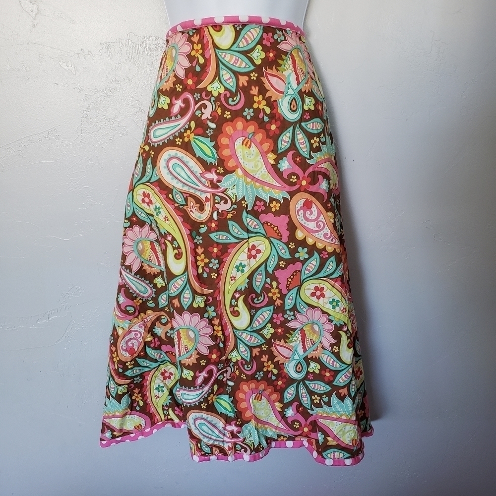 Handmade Skirt Apron Brown Colorful Paisley Print Pink Polka Dot Green Kitchen